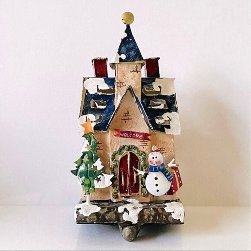 Vintage Santa Claus House Metal Hand Painted Christmas Decor 8" Holiday Village
